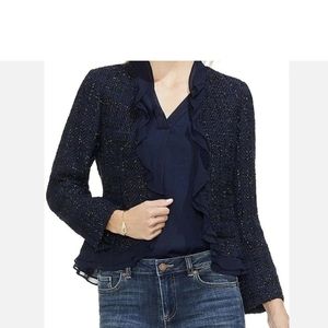 Vince Camuto Navy Blue Ruffle Tweed Lined Pockets Jacket Size 14W